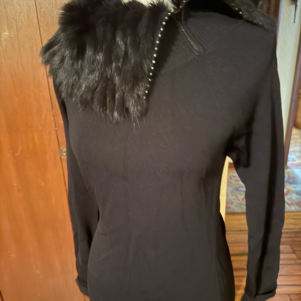 Lisa International Black Viscose Sweater with Real Fur Collar